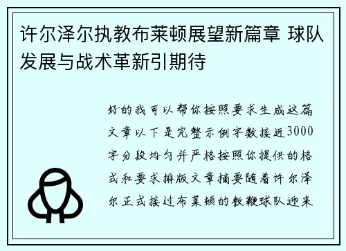 许尔泽尔执教布莱顿展望新篇章 球队发展与战术革新引期待